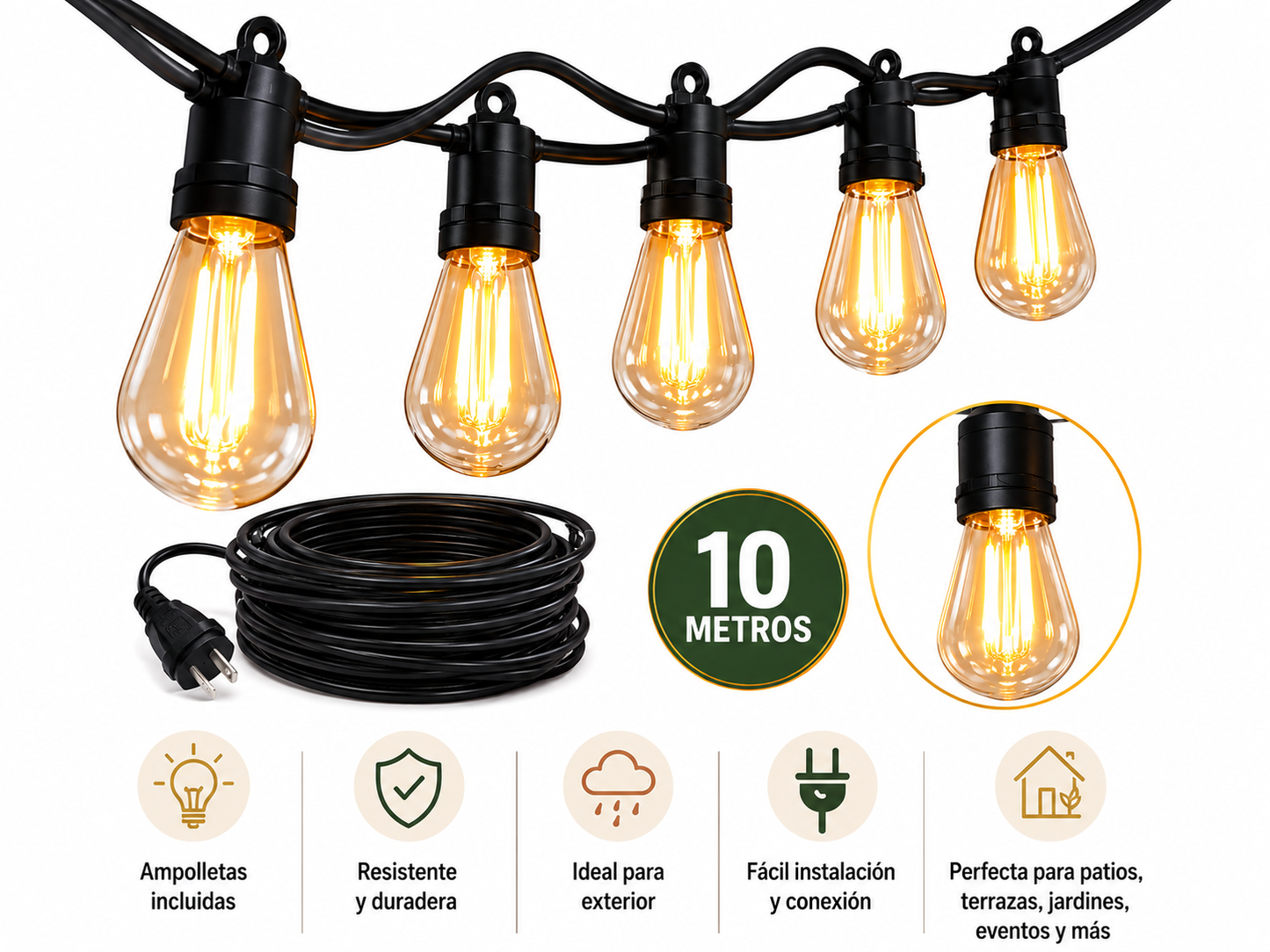 Guirnalda de Luces Vintage LED 10 Metros con Ampolletas Incluidas
