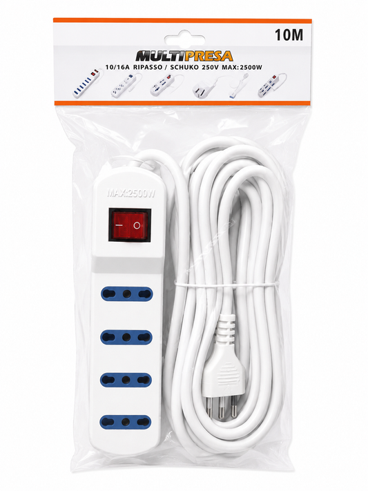Alargador Eléctrico 10 Metros con Interruptor 4 Tomas